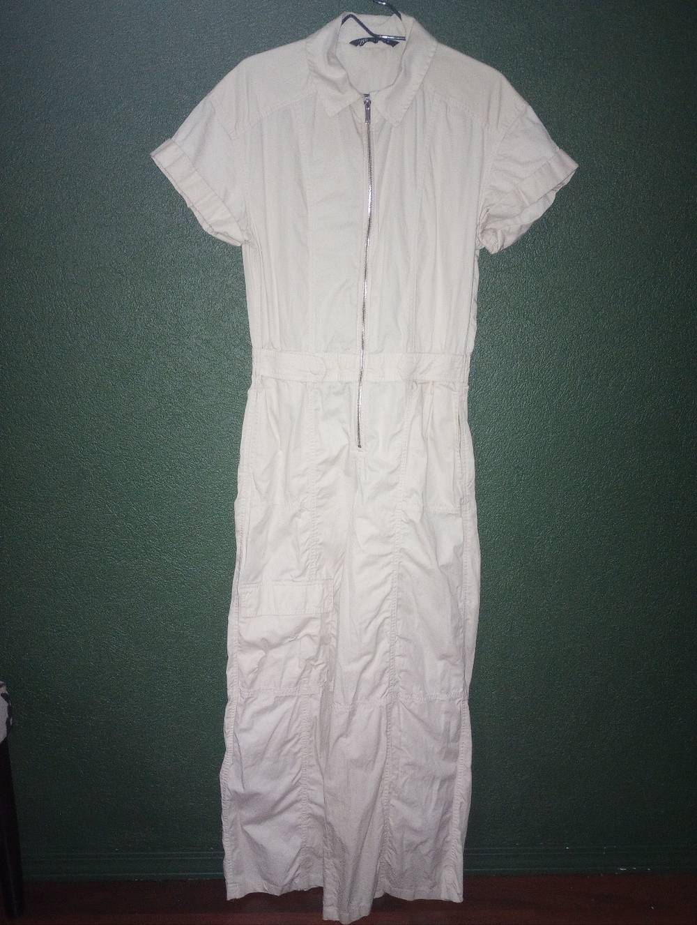 Zara Cream Ivory Wide Leg Jumpsuit Rolled Short Sleeves Pockets Front Zip S - Picture 5 of 15